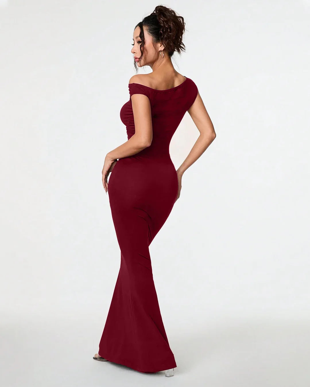Burgundy Asymmetrical Neck Bodycon Maxi Dress