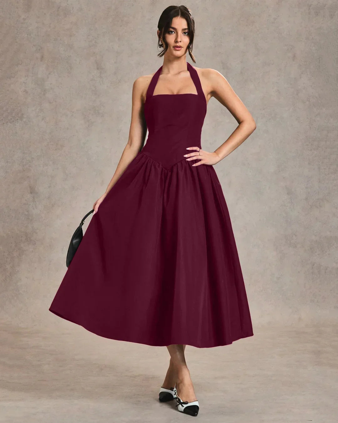 Burgundy Halter Neck A-Line Midi Dress