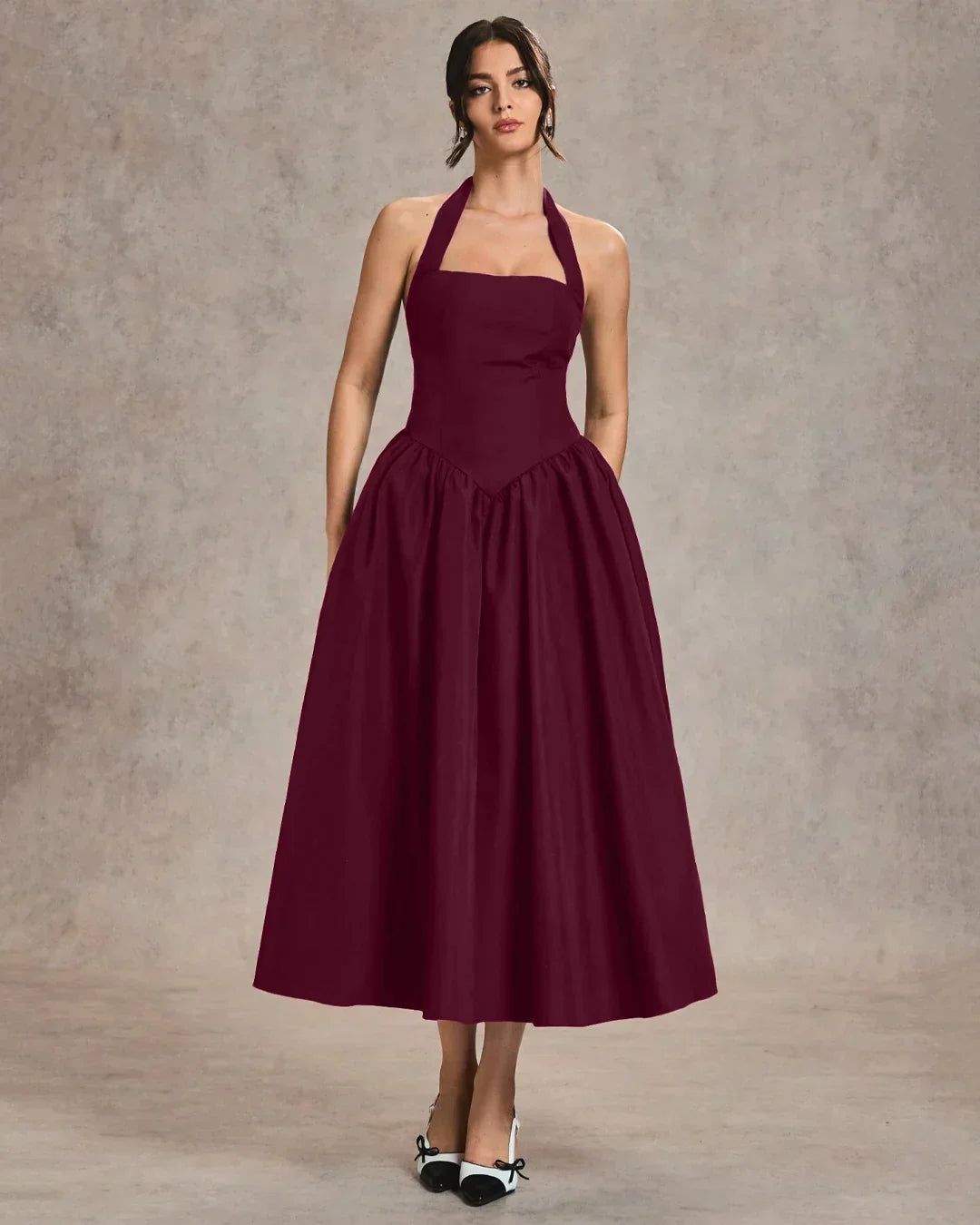 Burgundy Halter Neck A-Line Midi Dress