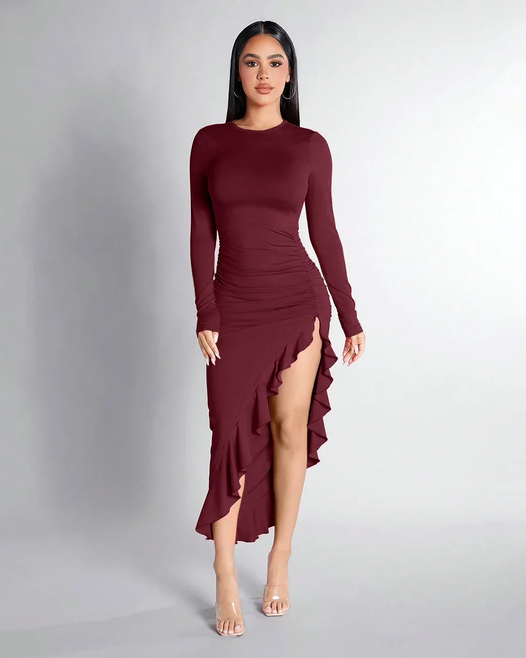 Burgundy Ruched High-Slit Ruffle Hem Dress
