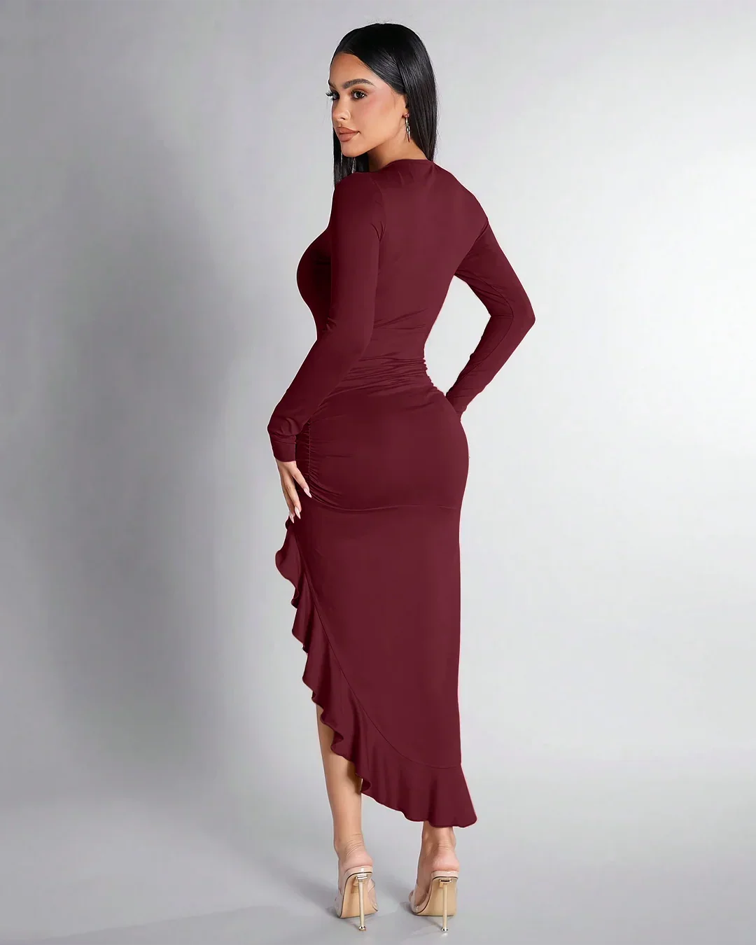 Burgundy Ruched High-Slit Ruffle Hem Dress