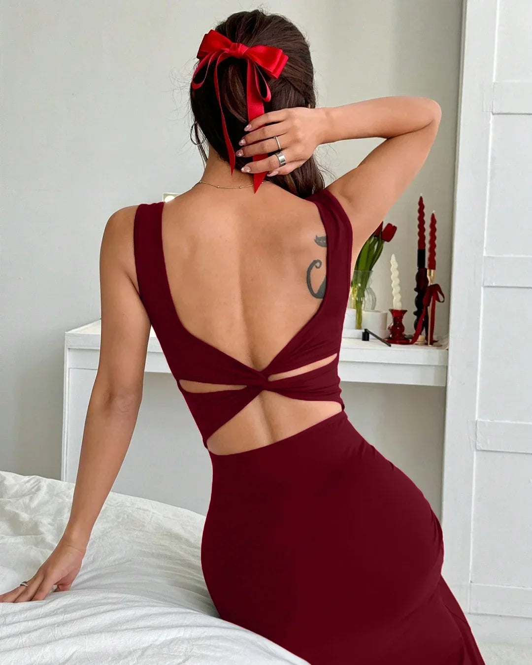 Burgundy Sleeveless Bodycon Maxi Dress with Side Slit and Cutout Back Detail