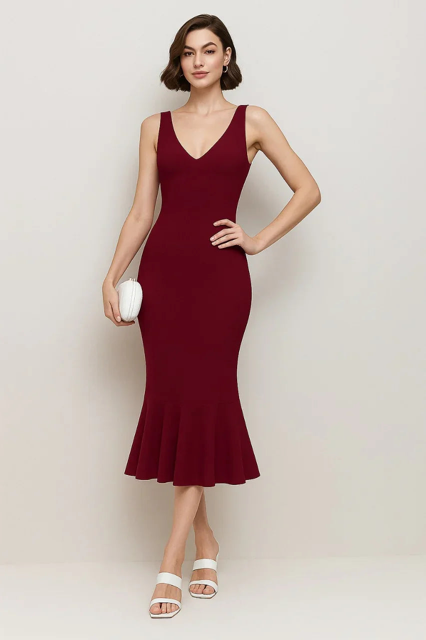 Burgundy Sleeveless Fishtail Hem Bodycon Dress