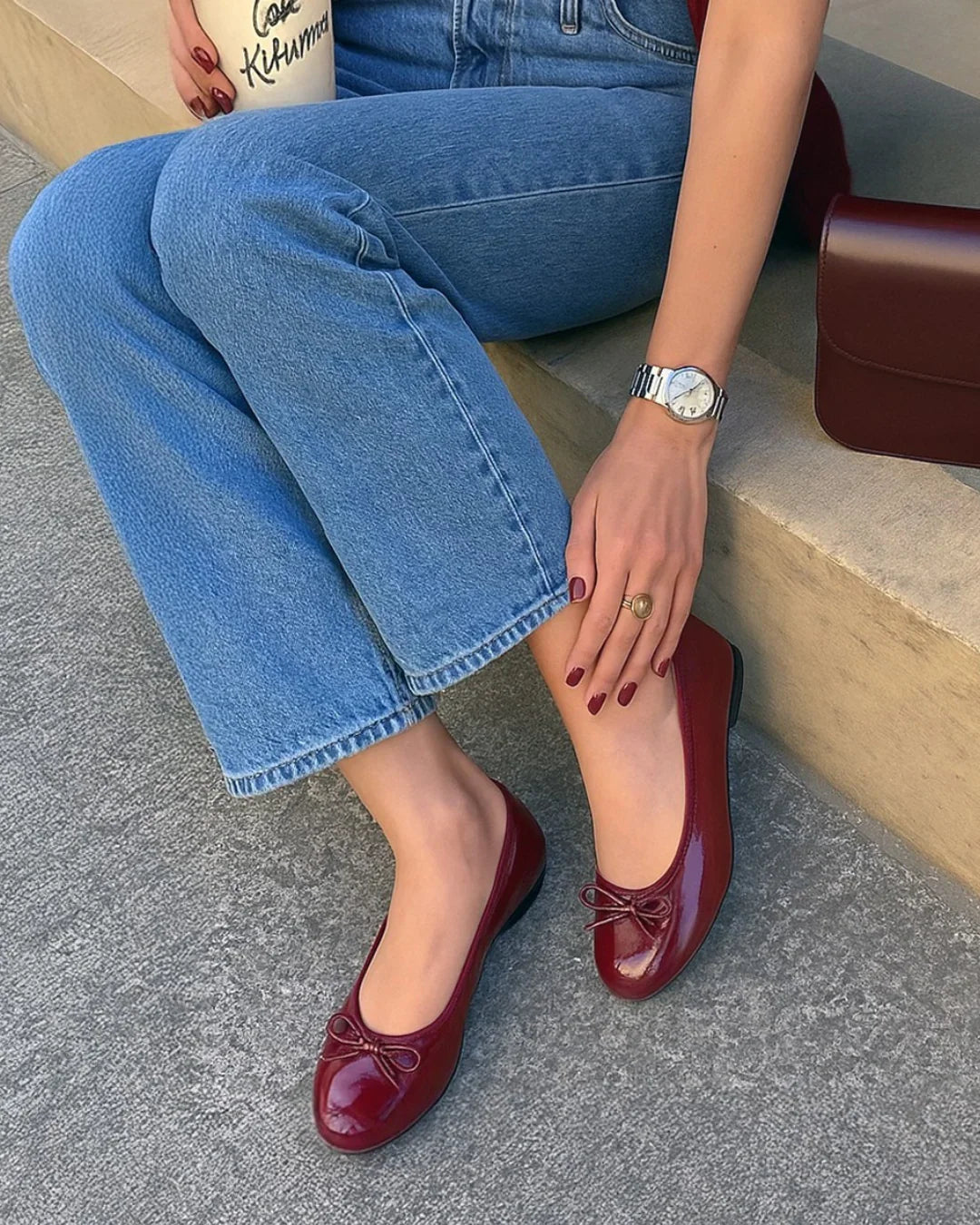 Burgundy Square Toe Womens Ballet Flats