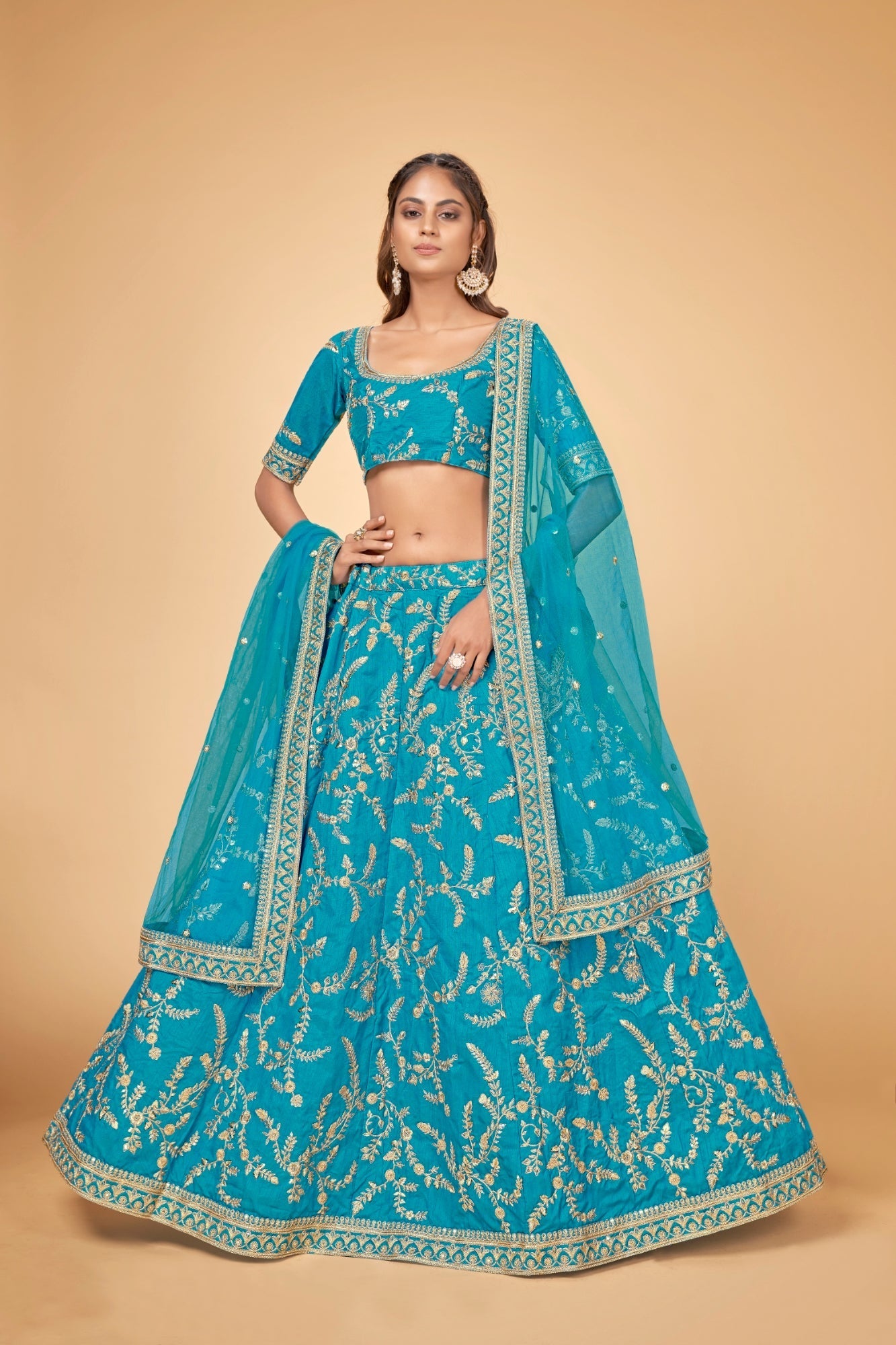 Blue & Gold Embroidered Poly Silk Lehenga Choli
