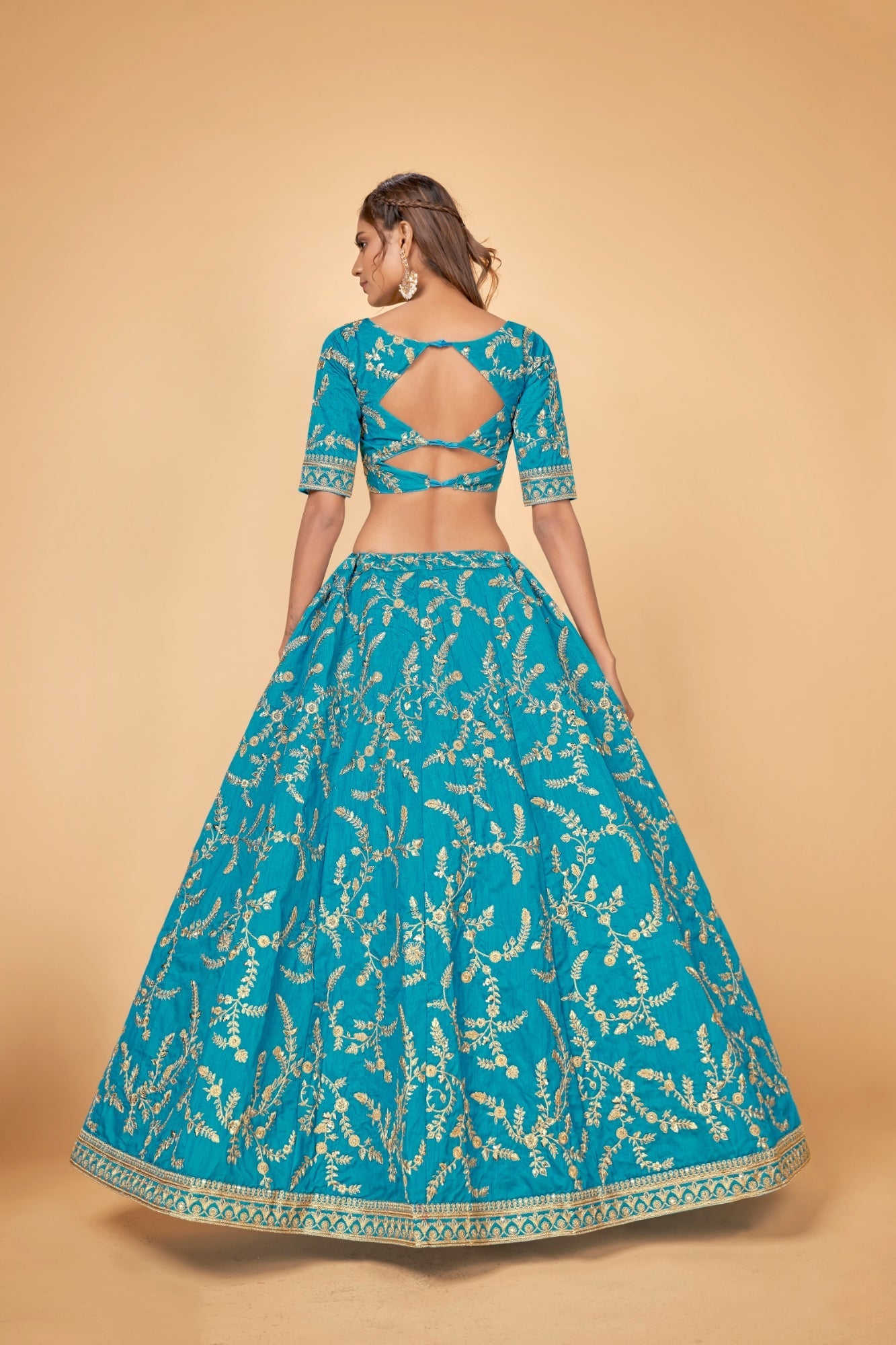 Blue & Gold Embroidered Poly Silk Lehenga Choli