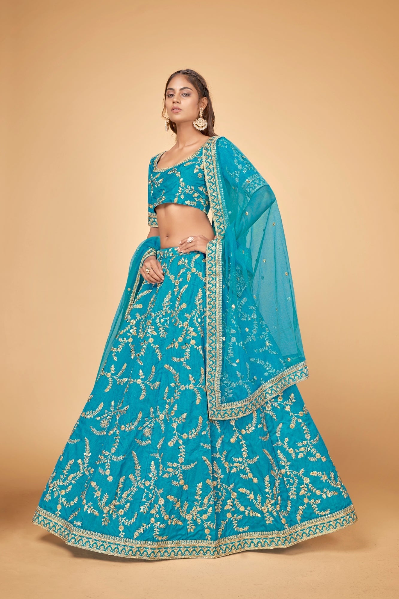 Blue & Gold Embroidered Poly Silk Lehenga Choli
