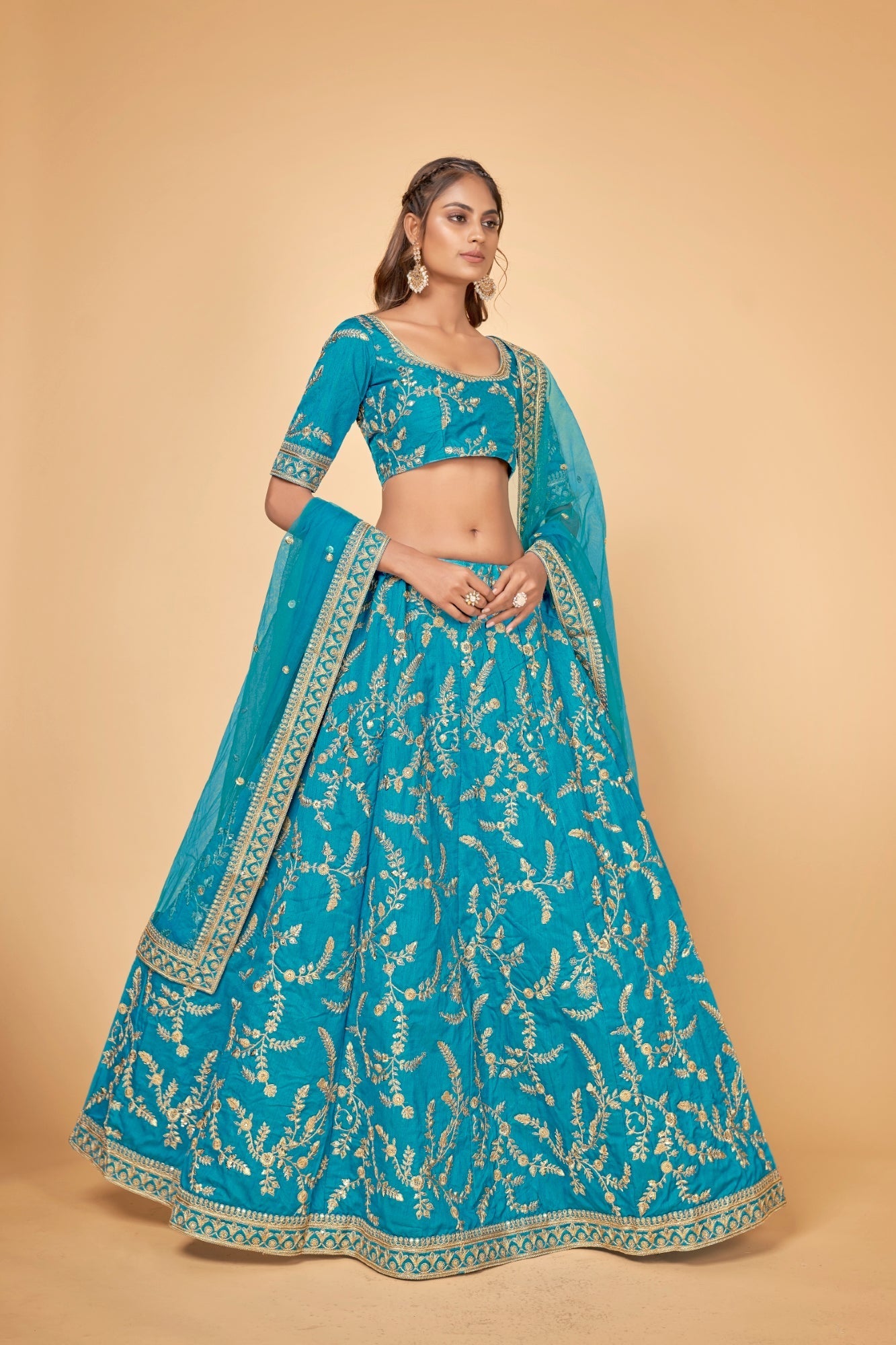 Blue & Gold Embroidered Poly Silk Lehenga Choli