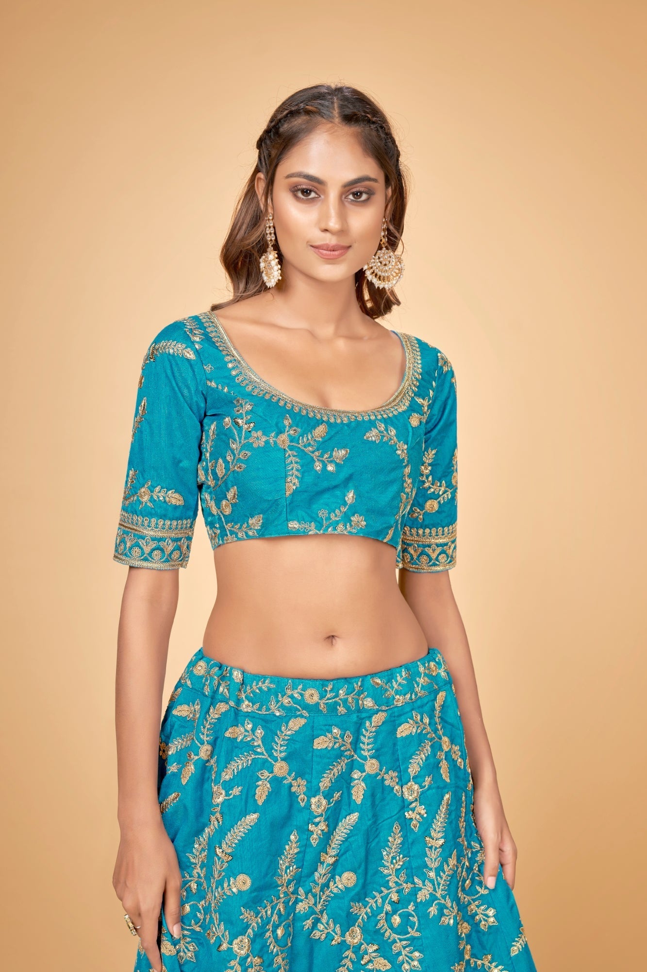 Blue & Gold Embroidered Poly Silk Lehenga Choli