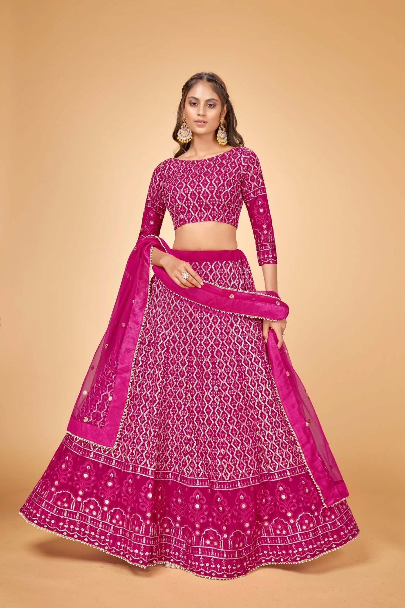 Women Pink & Gold Embroidered Semi-Stitched Lehenga Choli Set