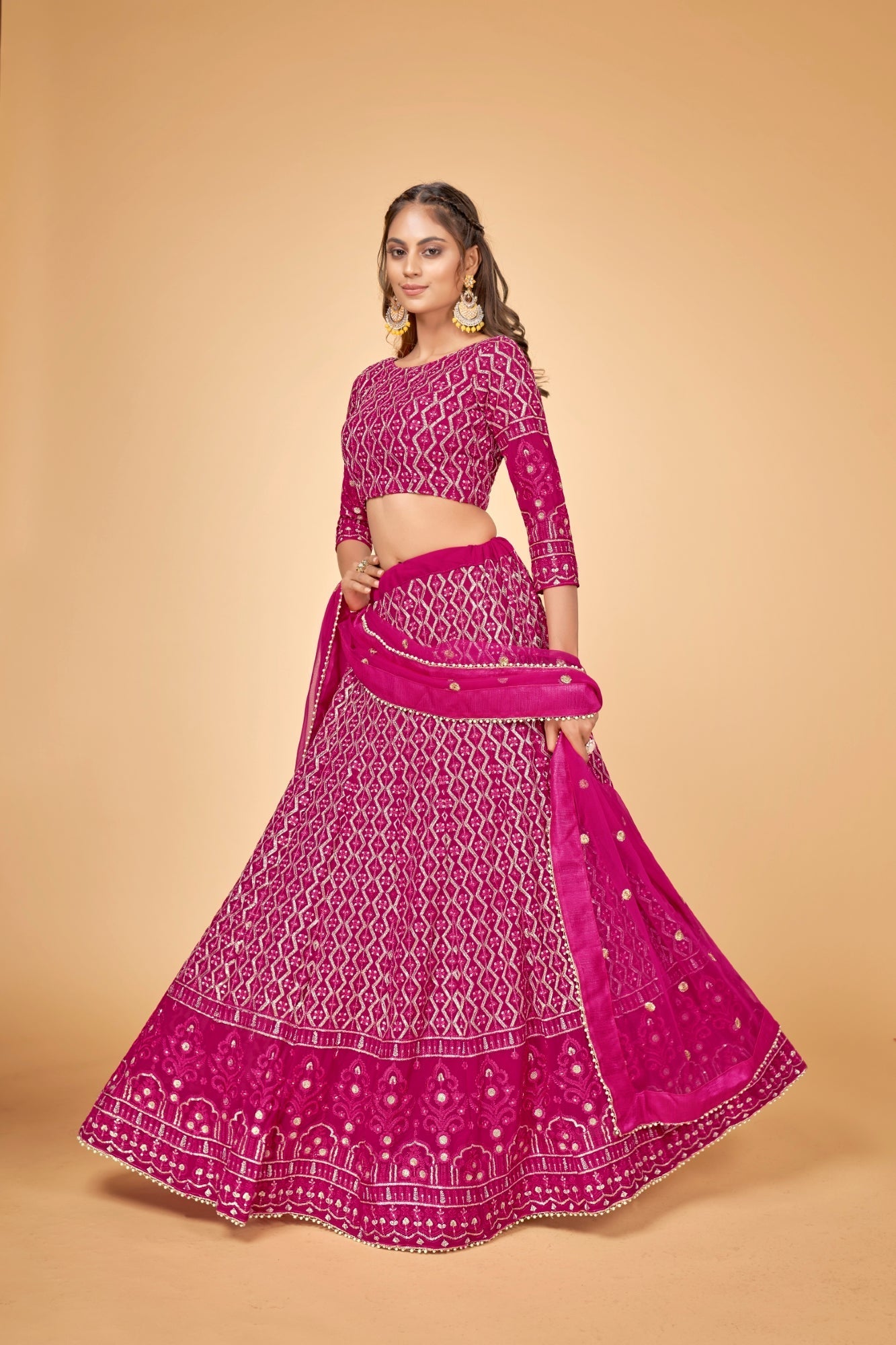Women Pink & Gold Embroidered Semi-Stitched Lehenga Choli Set
