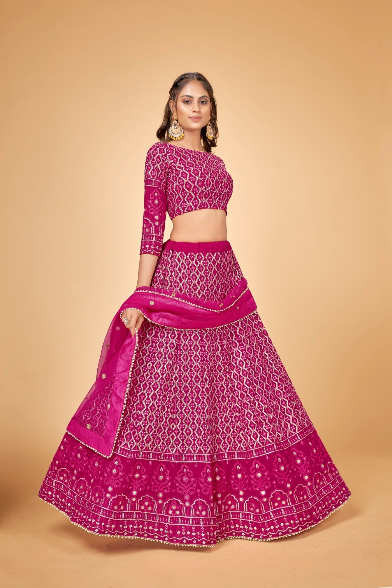 Women Pink & Gold Embroidered Semi-Stitched Lehenga Choli Set