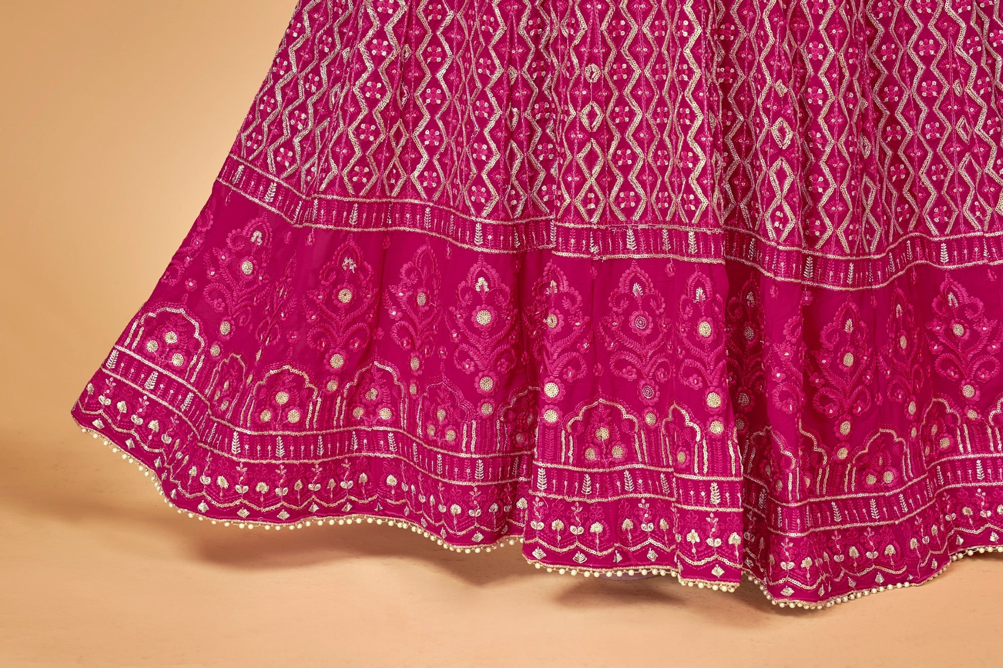 Women Pink & Gold Embroidered Semi-Stitched Lehenga Choli Set