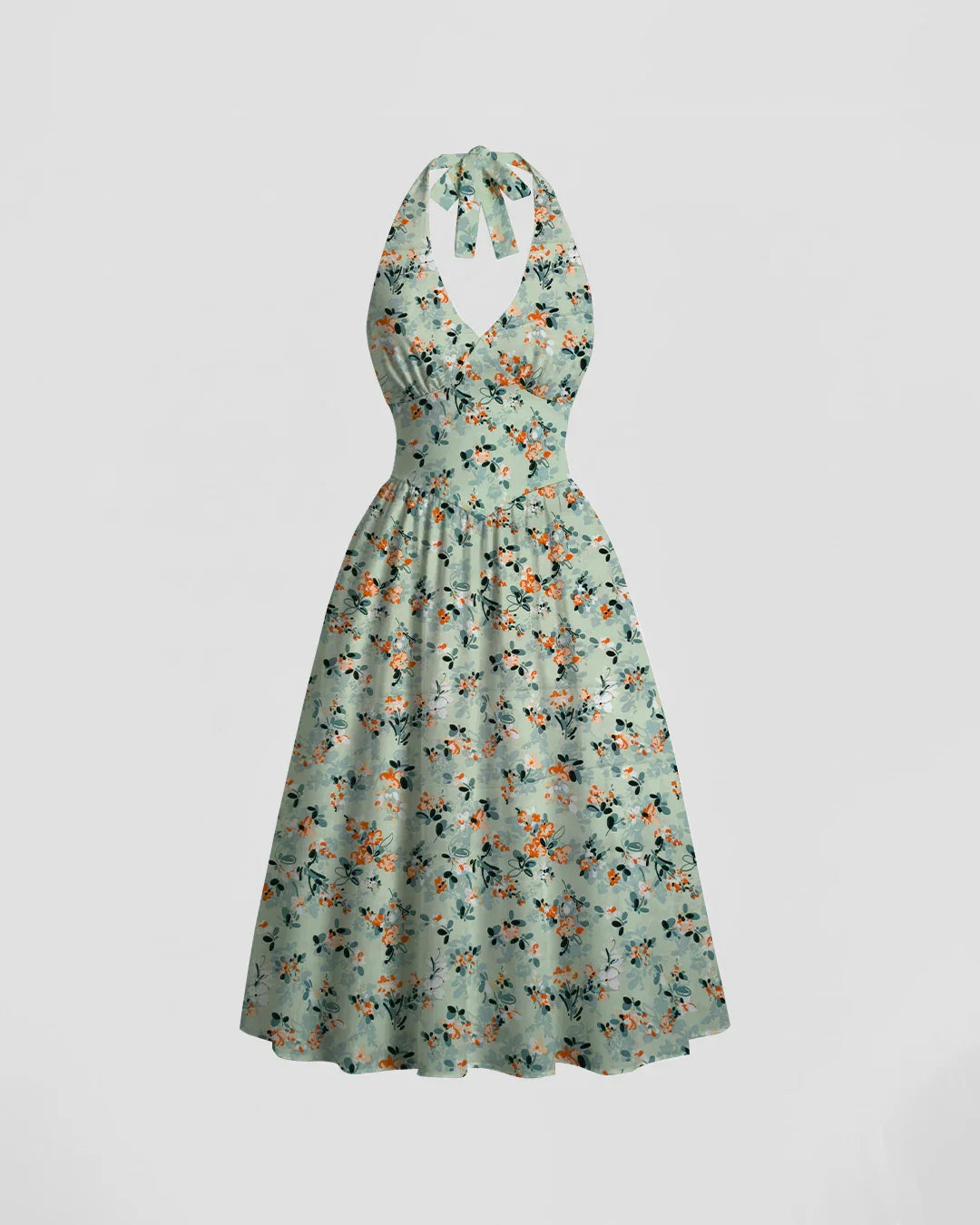 Casual Halter Neck Slim Fit Flared Hem Floral Sleeveless Midi Dress