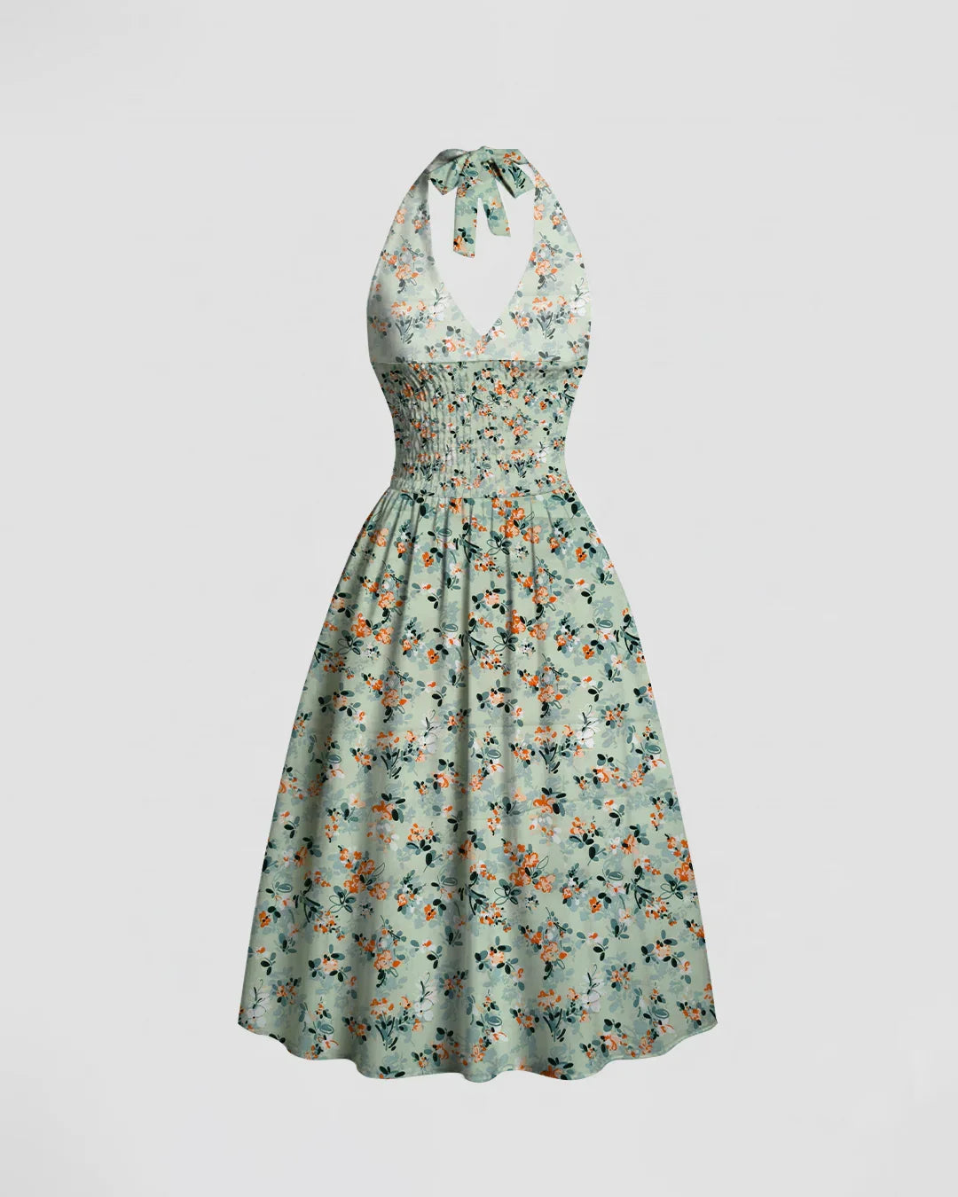 Casual Halter Neck Slim Fit Flared Hem Floral Sleeveless Midi Dress
