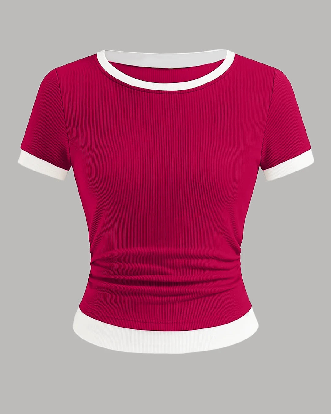 Casual Slim Fit Hot Pink and White Tee with Contrast Hem