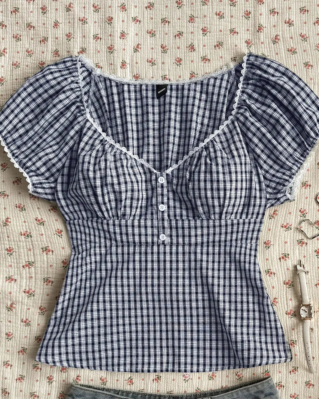 Casual Sweetheart Neck Checkered Top