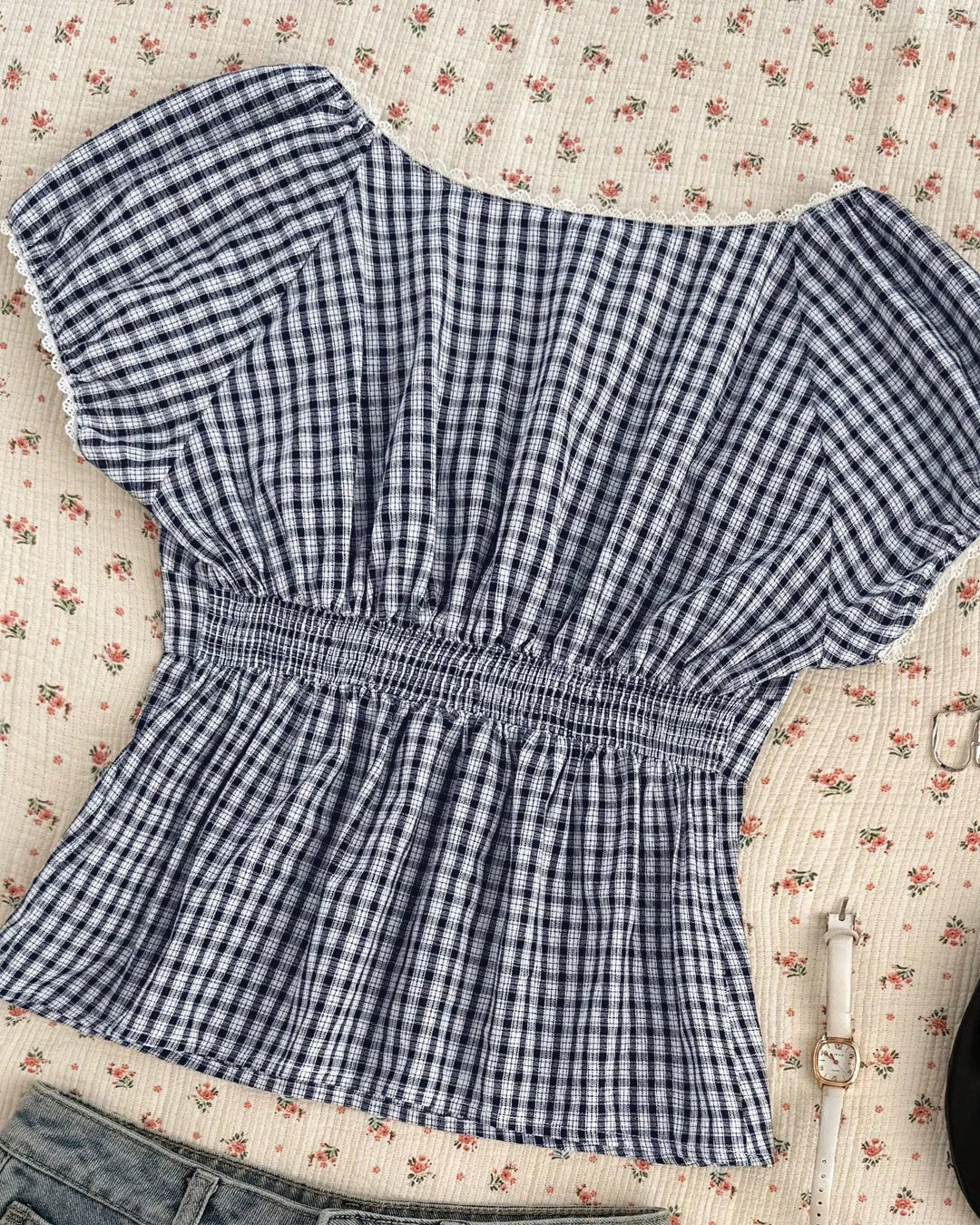 Casual Sweetheart Neck Checkered Top