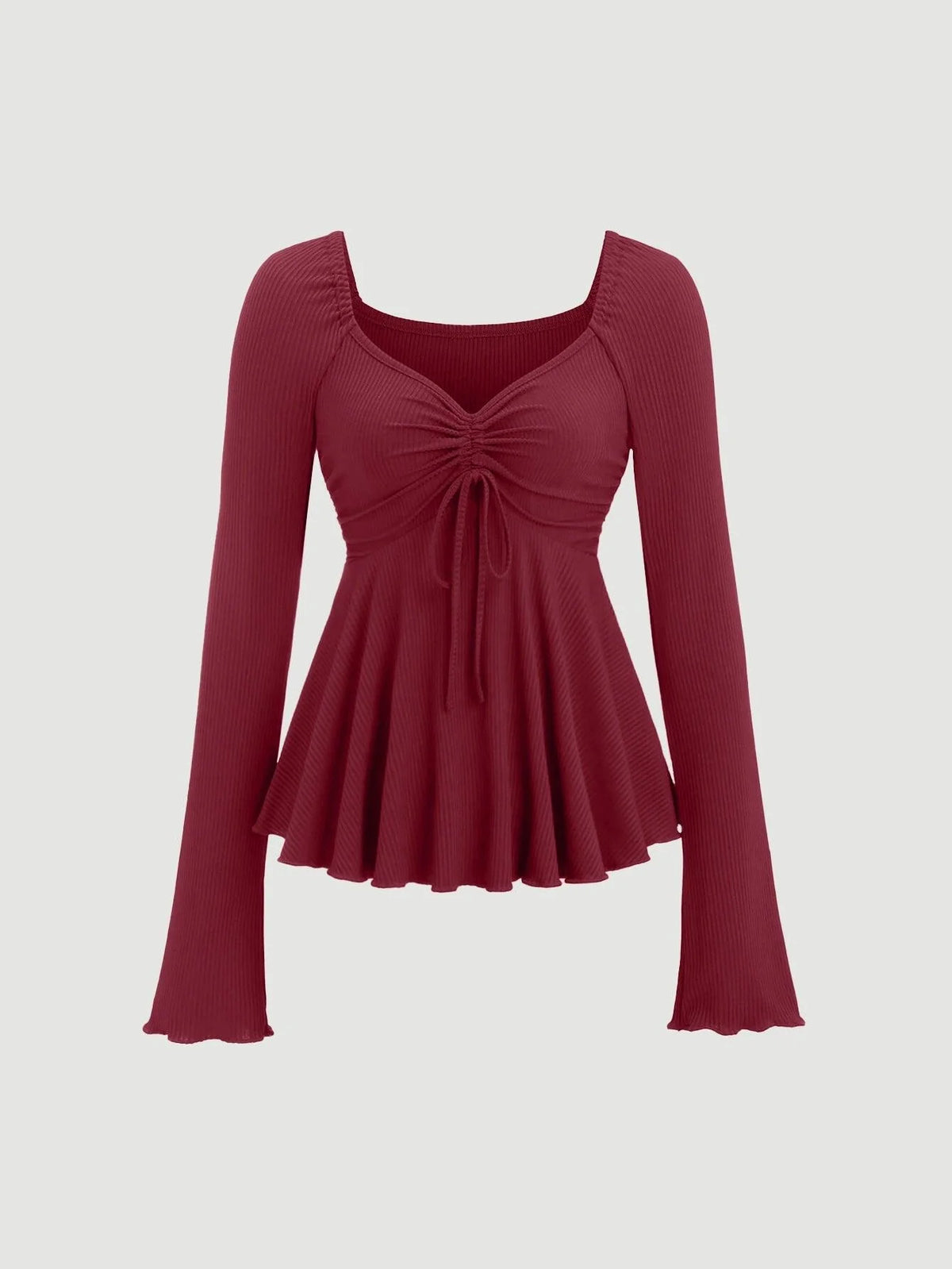 Casual V Neck Ruched Flared Long Sleeve Top in Maroon