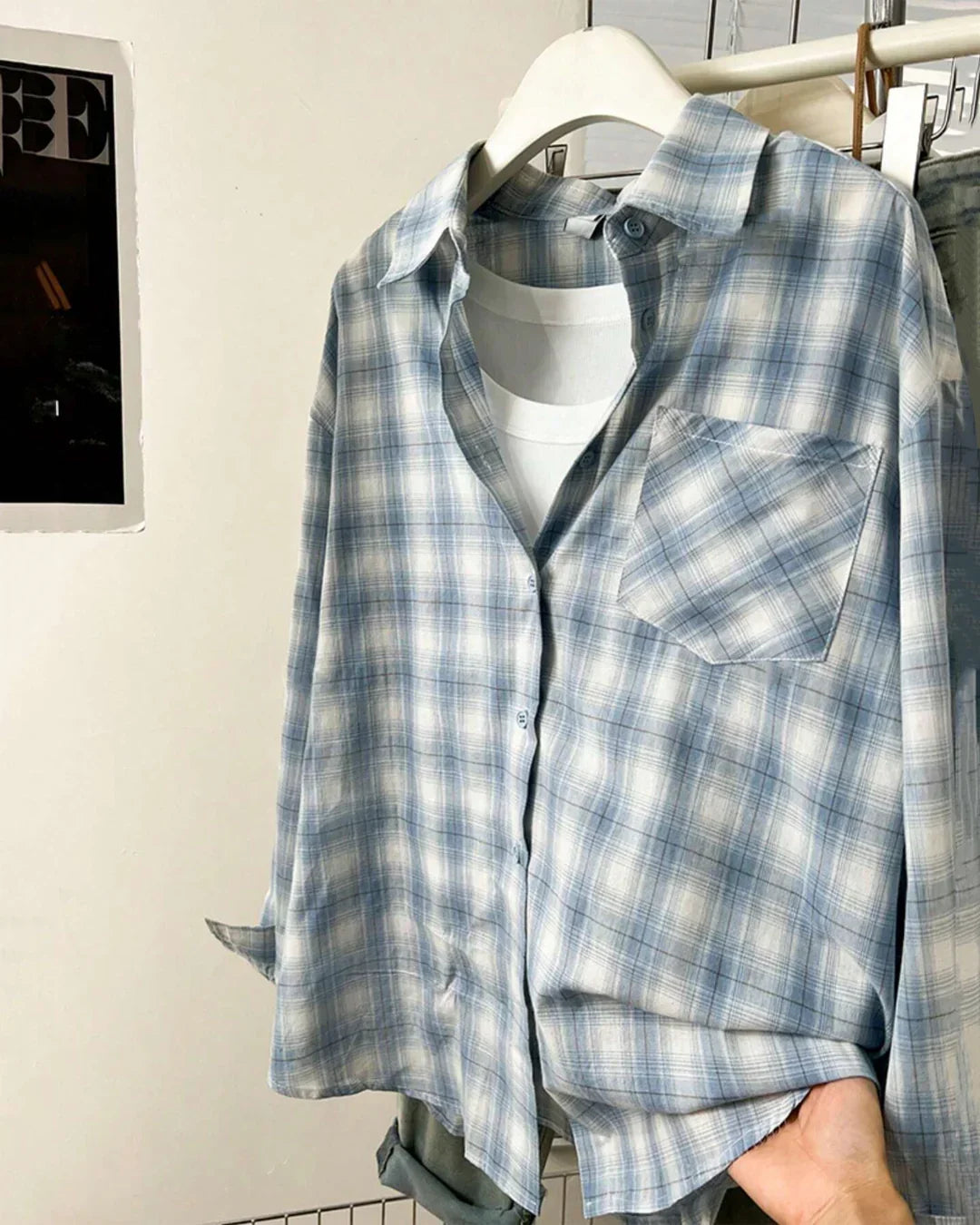 Checkered Front Button Collar Long Sleeve Shirt