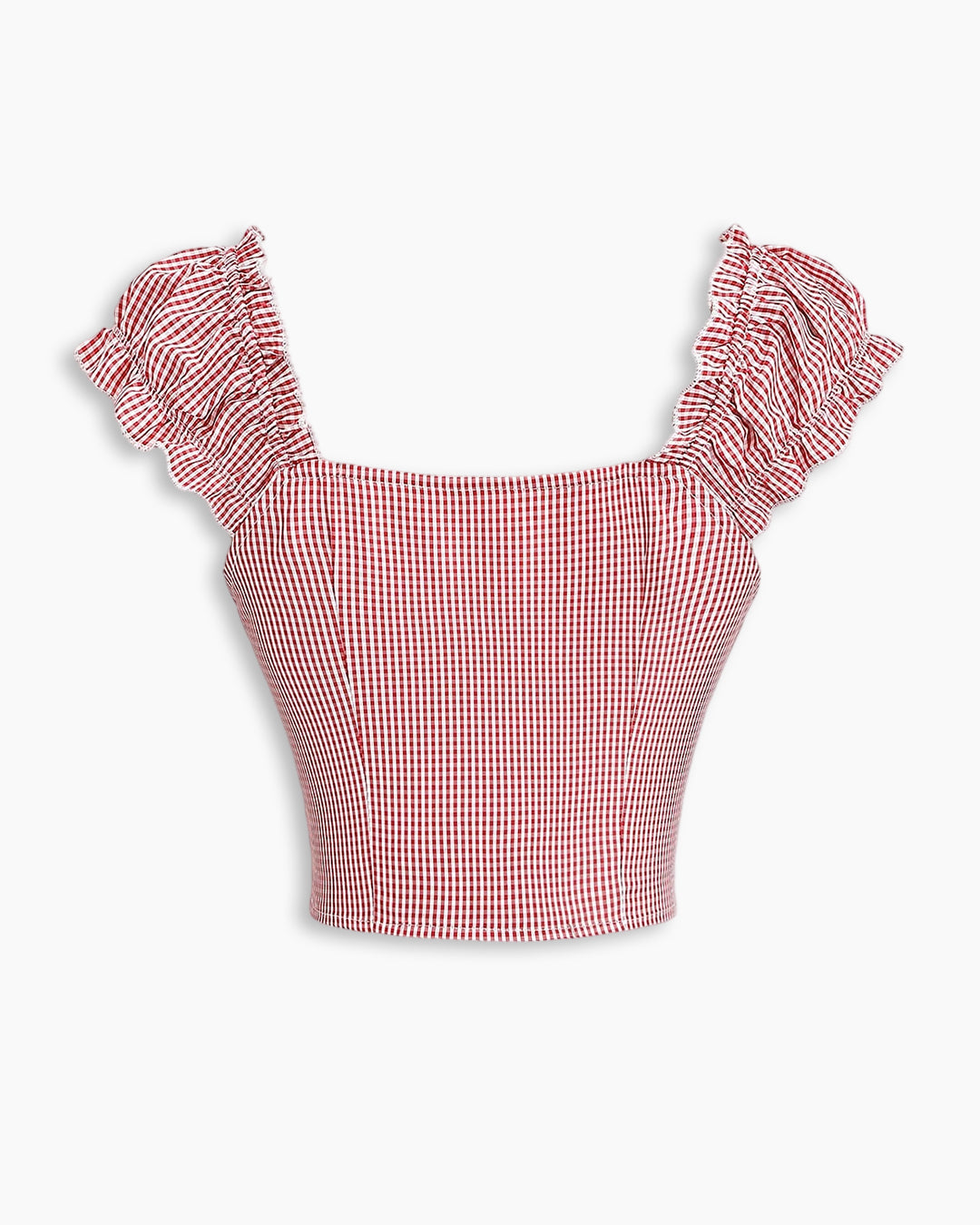 Checkered Front Frill Trim Bowknot Short Sleeve Top in Red