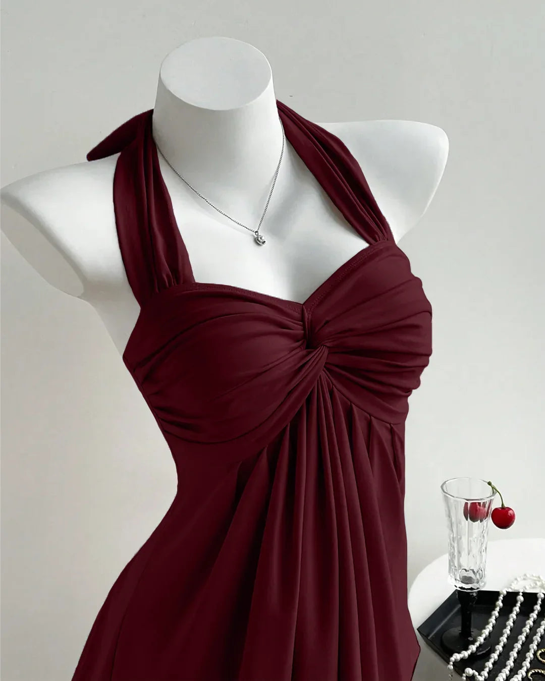 Cherry Twist Front Draped Halter Top