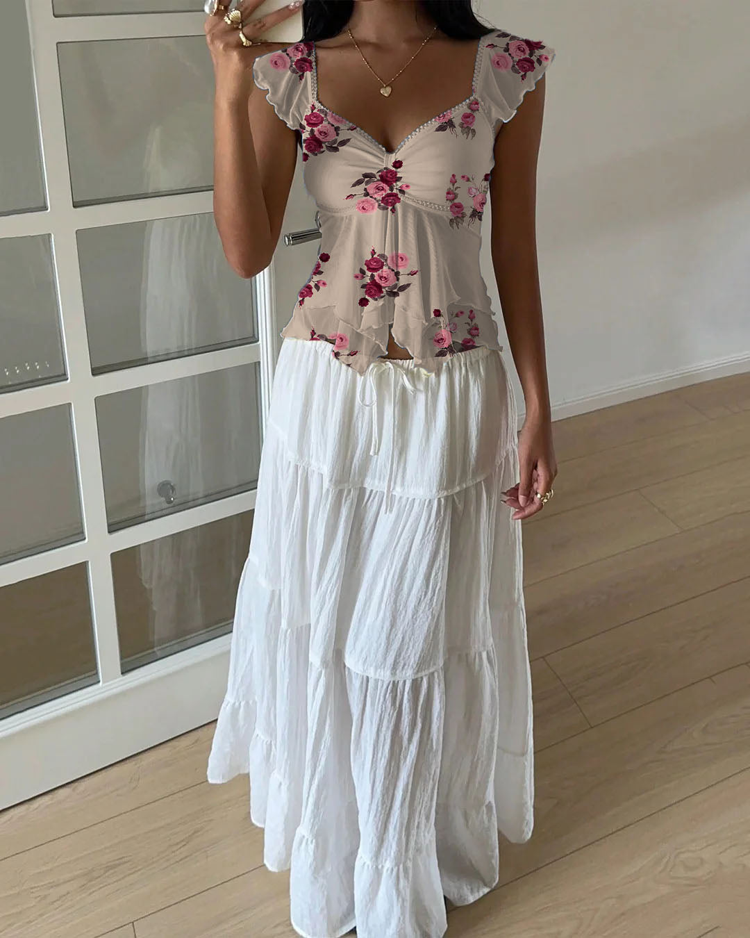 Chest Ruffle Mesh Flare Sleeve Top