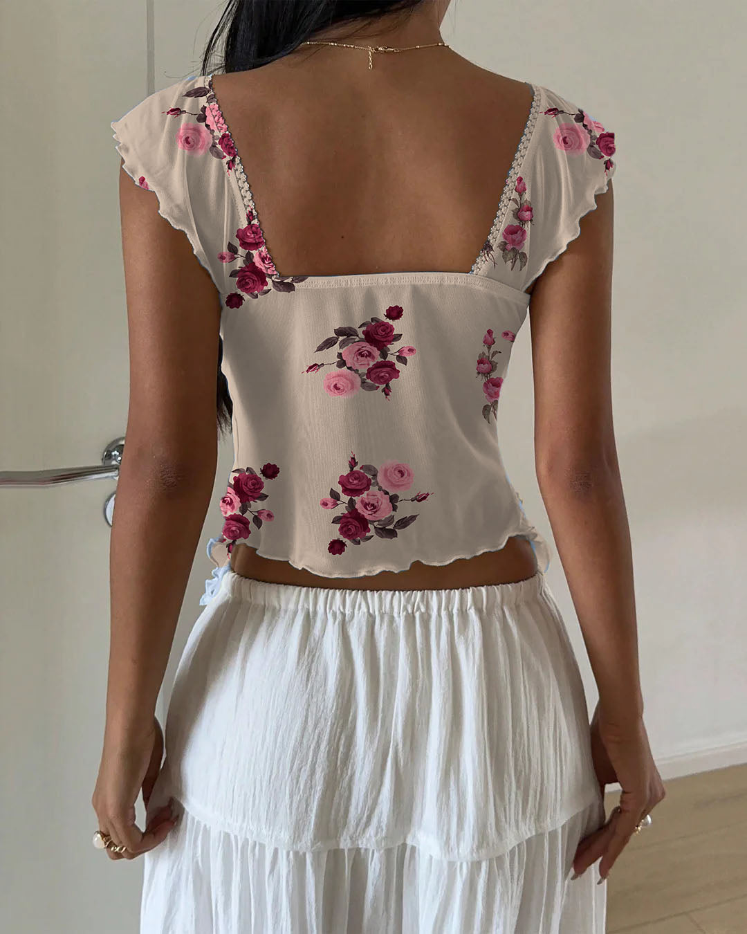 Chest Ruffle Mesh Flare Sleeve Top