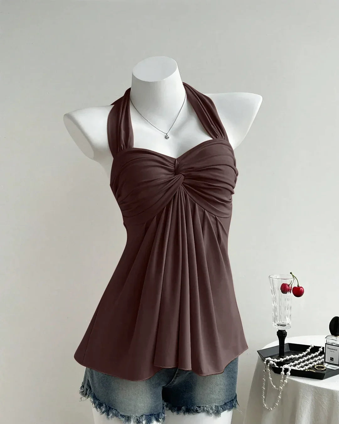 Chocolate Twist Front Draped Halter Top