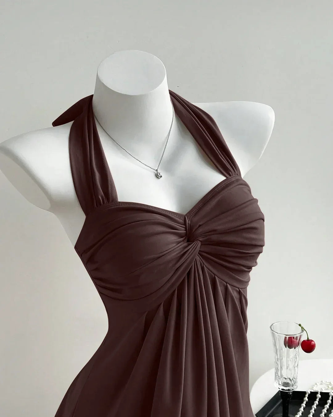 Chocolate Twist Front Draped Halter Top
