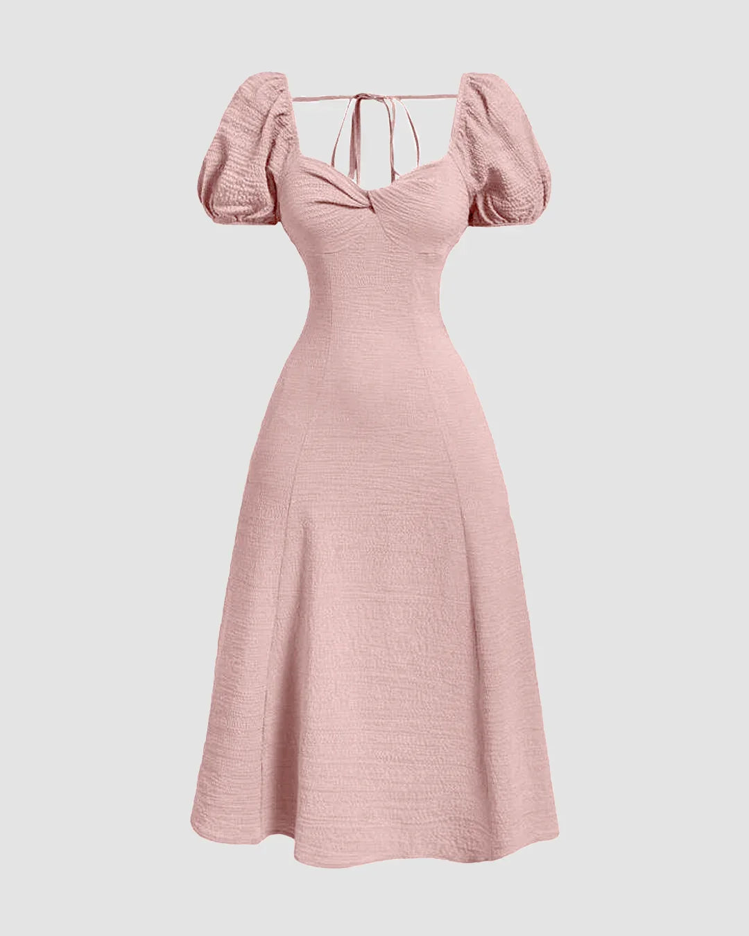 Cinched Waist Puff Sleeve Flare Dress in Powder Pink