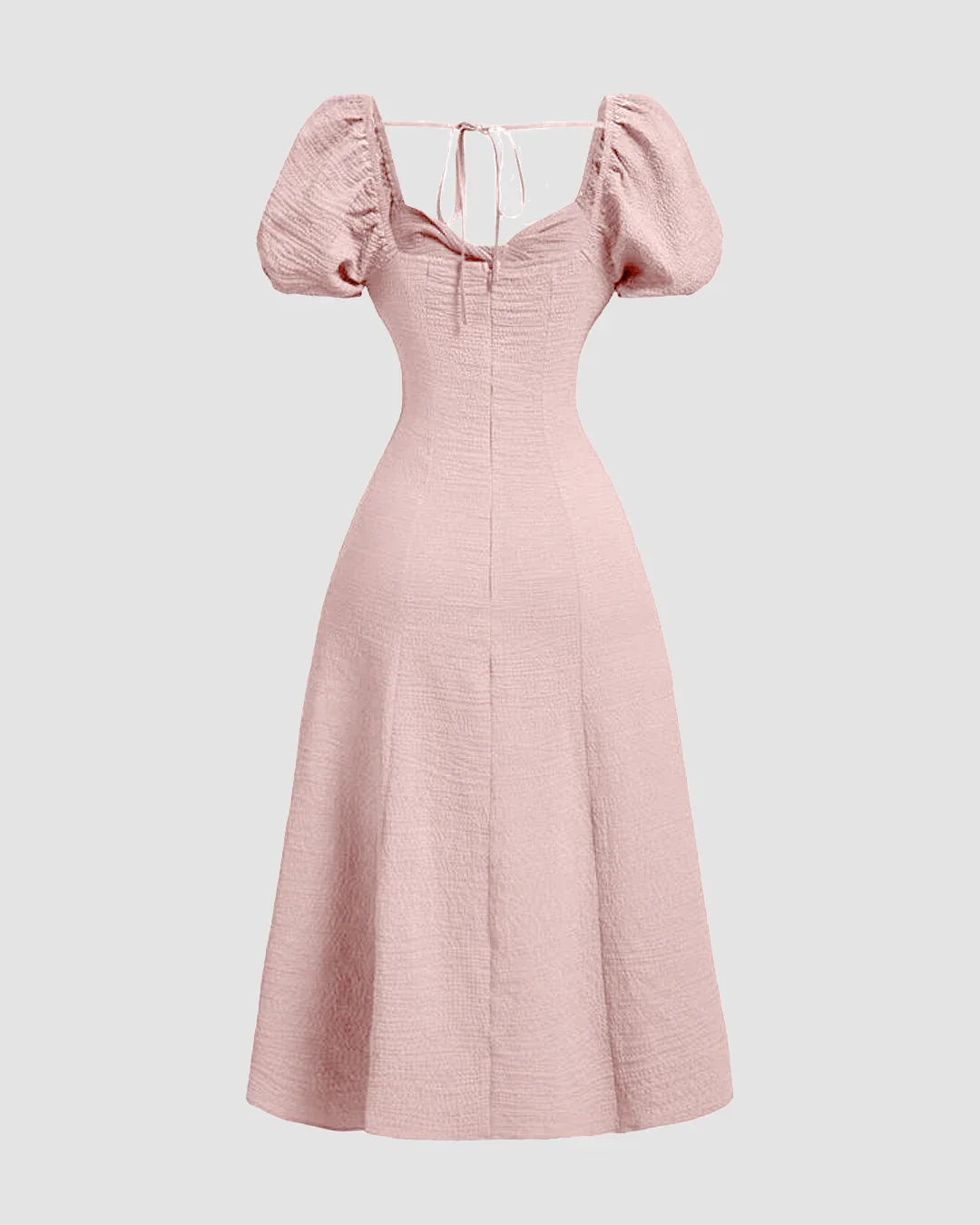Cinched Waist Puff Sleeve Flare Dress in Powder Pink