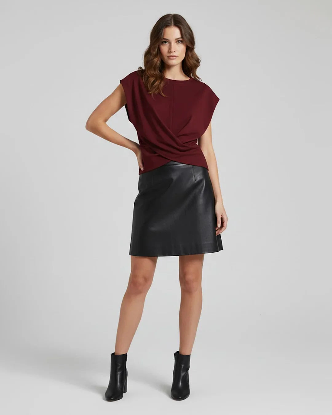 Cinched Waist Wrap Style Tie-Back Cap Sleeve Short Length in Merlot