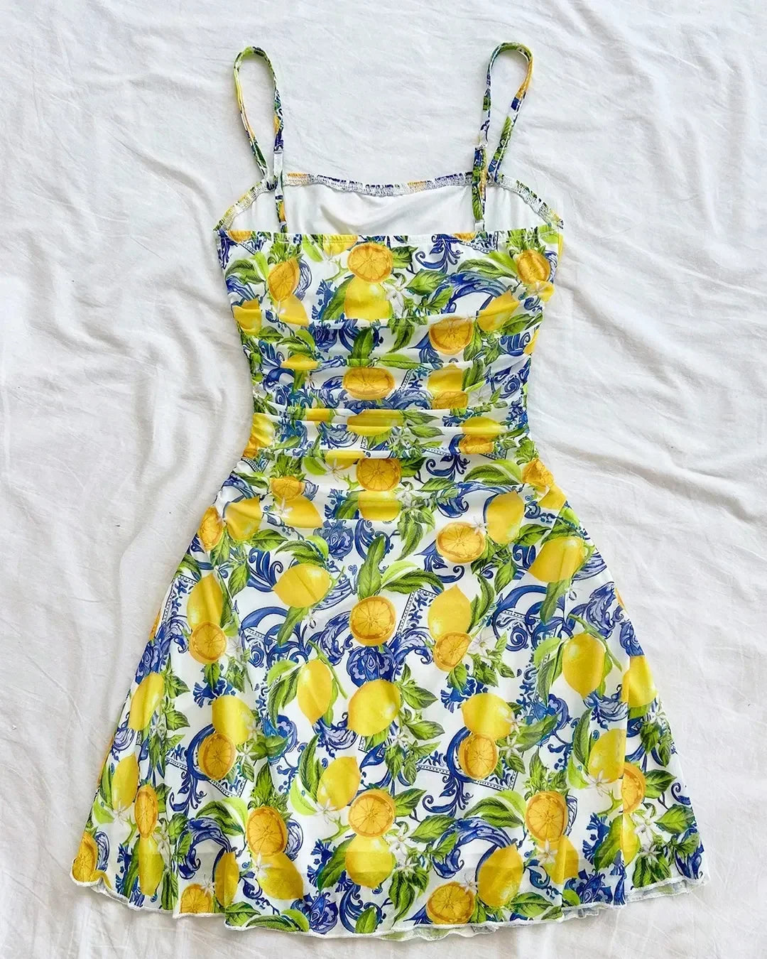 Citrus Bloom Ruched Bust Mini Dress