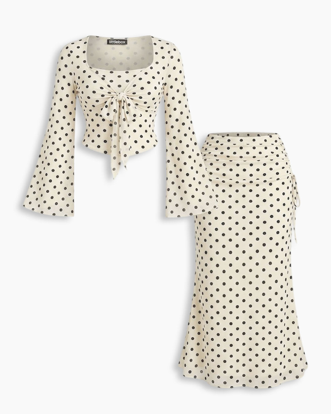 Classic White Polka Dot Twist Front Flare Sleeve Top And Mermaid Tail Skirt Set Curve and Plus