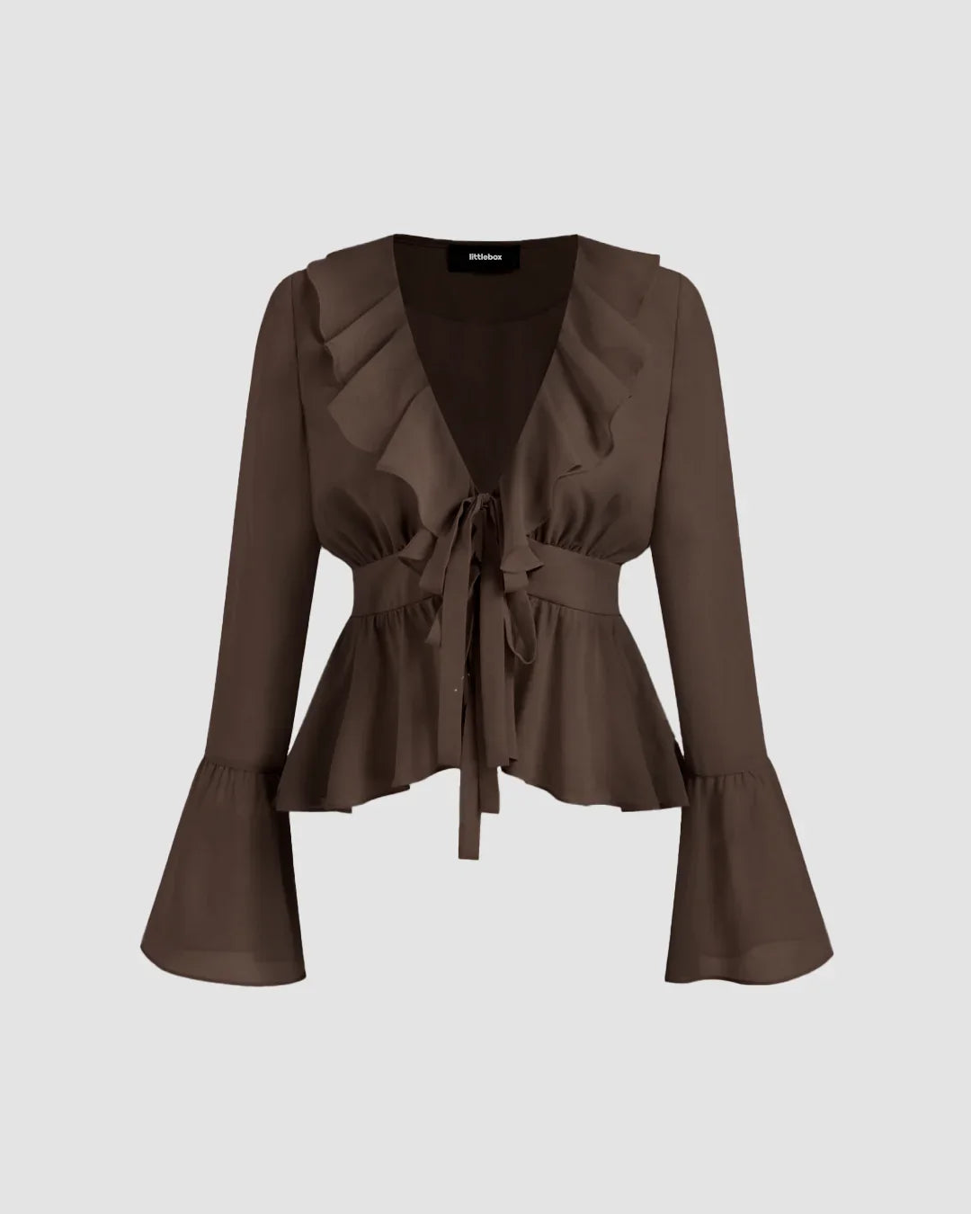 Coffee Ruffle Tie-Front Flare Sleeve Top