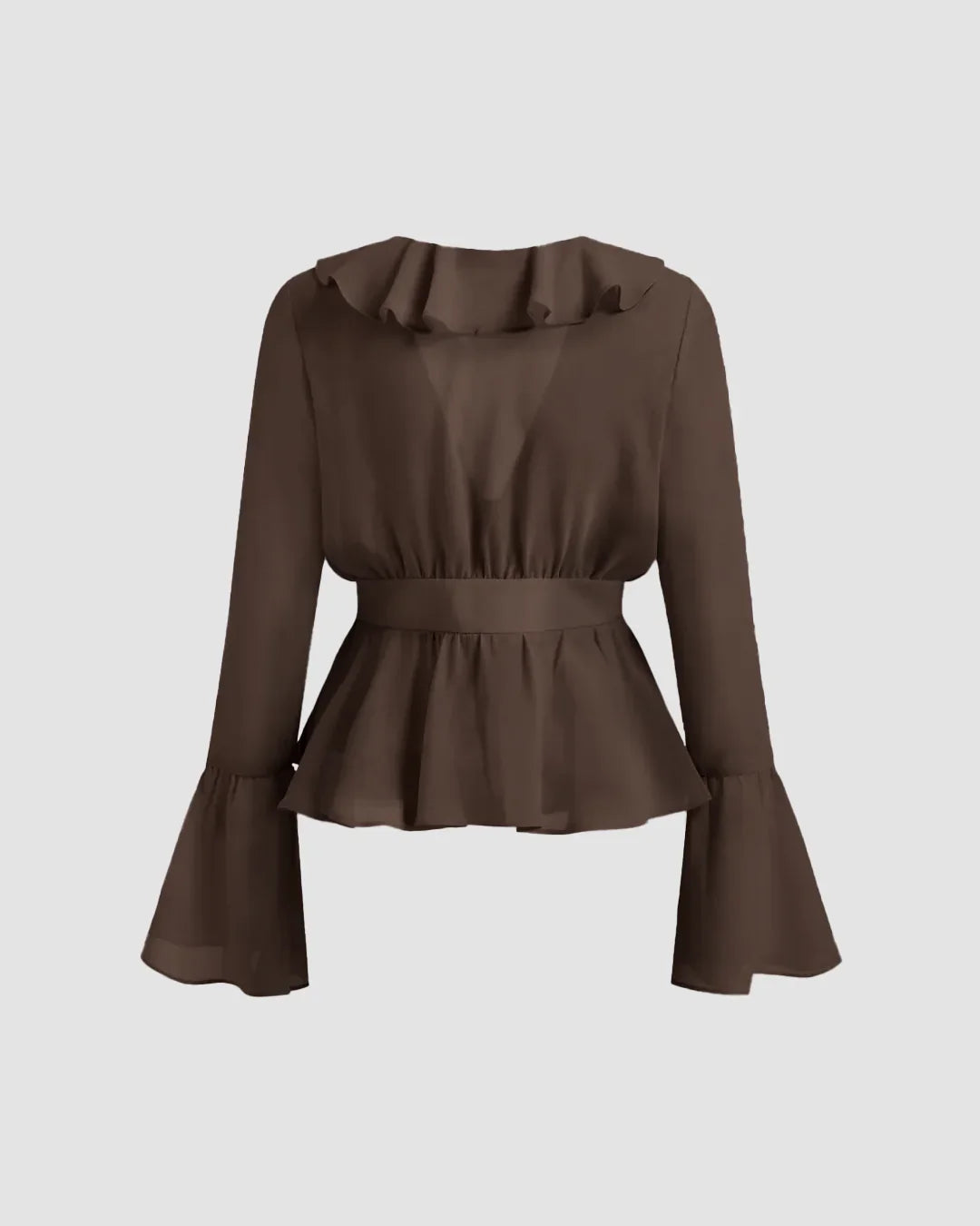 Coffee Ruffle Tie-Front Flare Sleeve Top