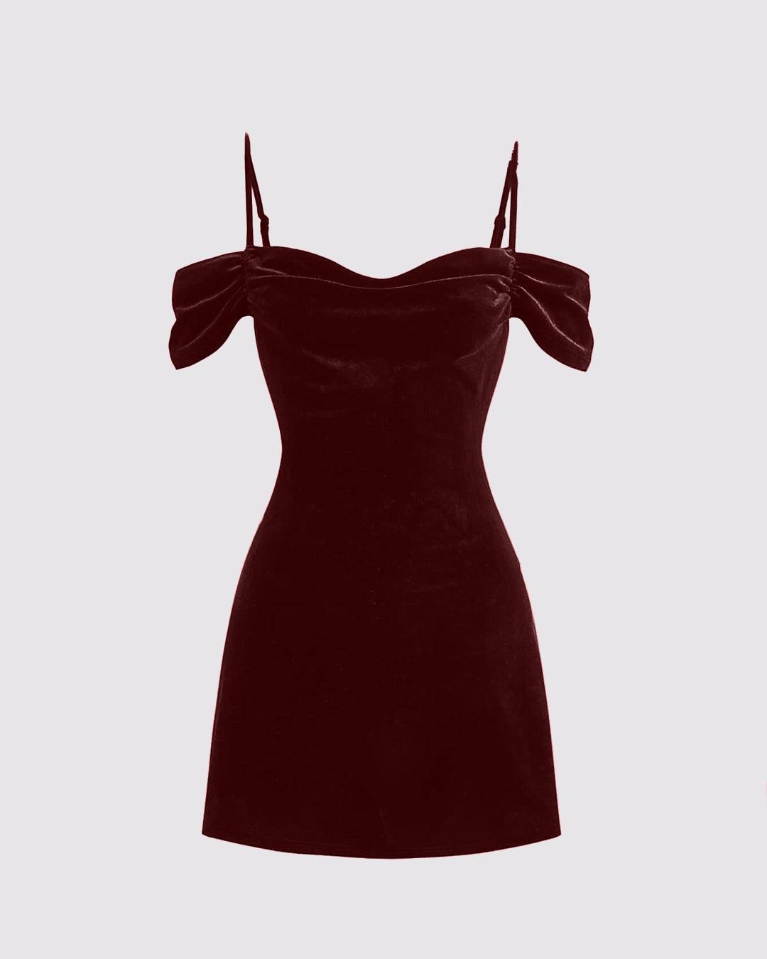 Cold Shoulder Ruched Velvet Dress In Maroon