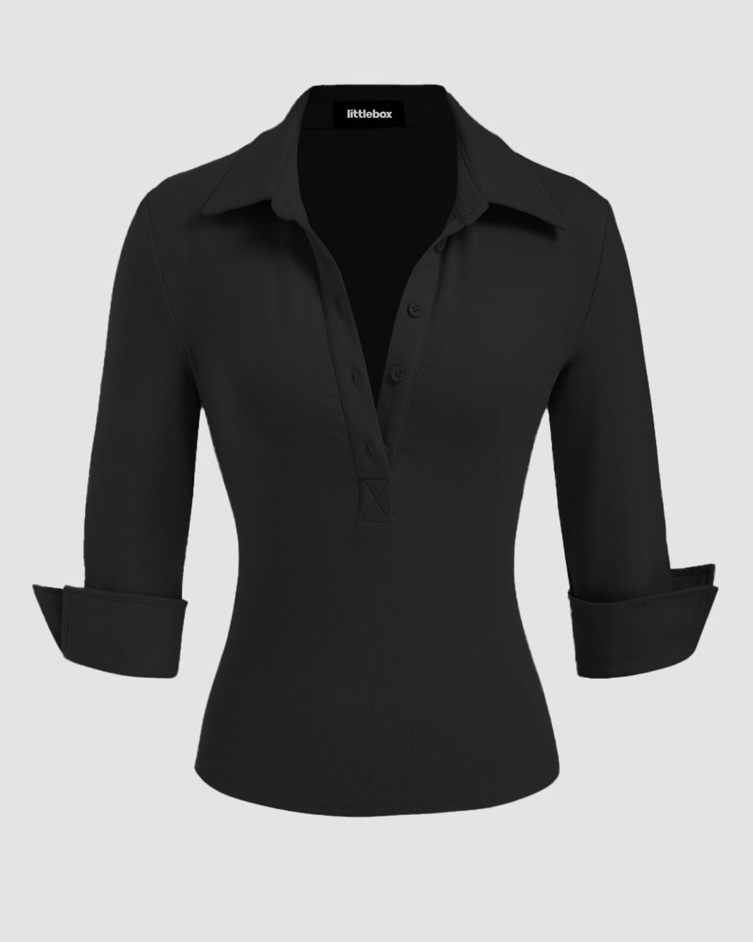 Collar Button-Front Mid Sleeve Top in Black