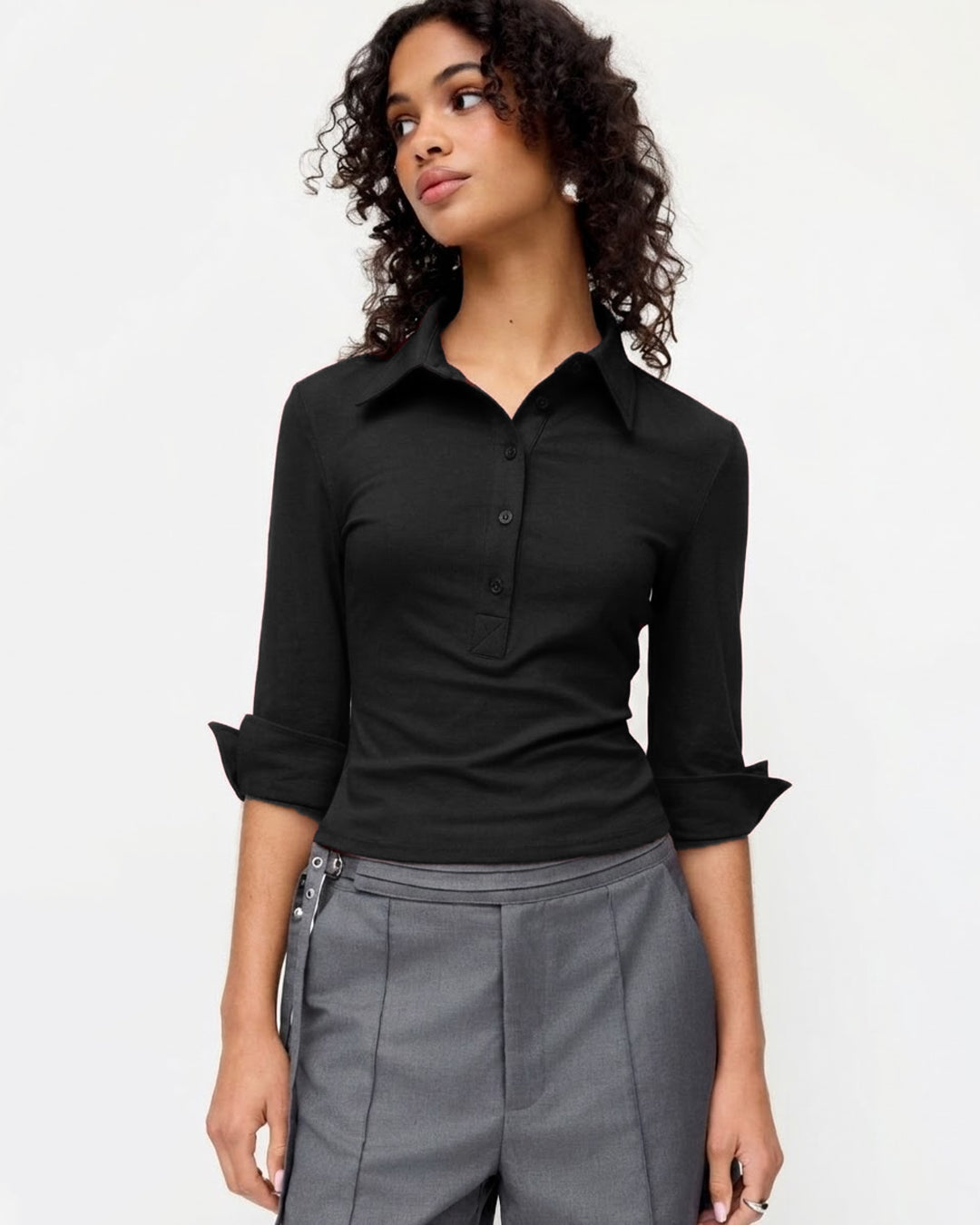 Collar Button-Front Mid Sleeve Top in Black