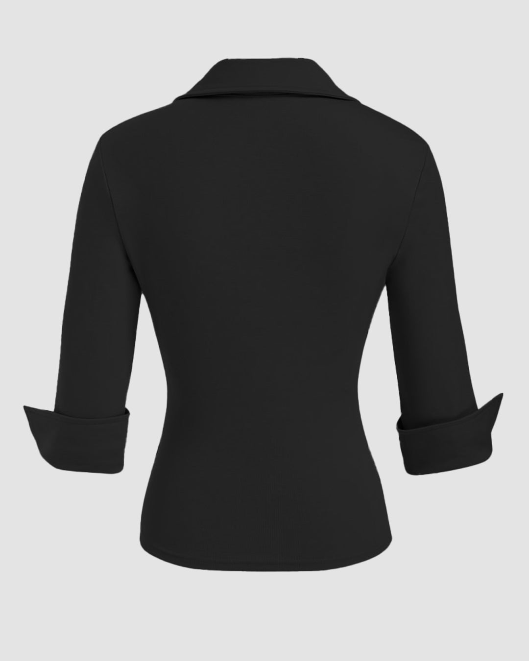 Collar Button-Front Mid Sleeve Top in Black