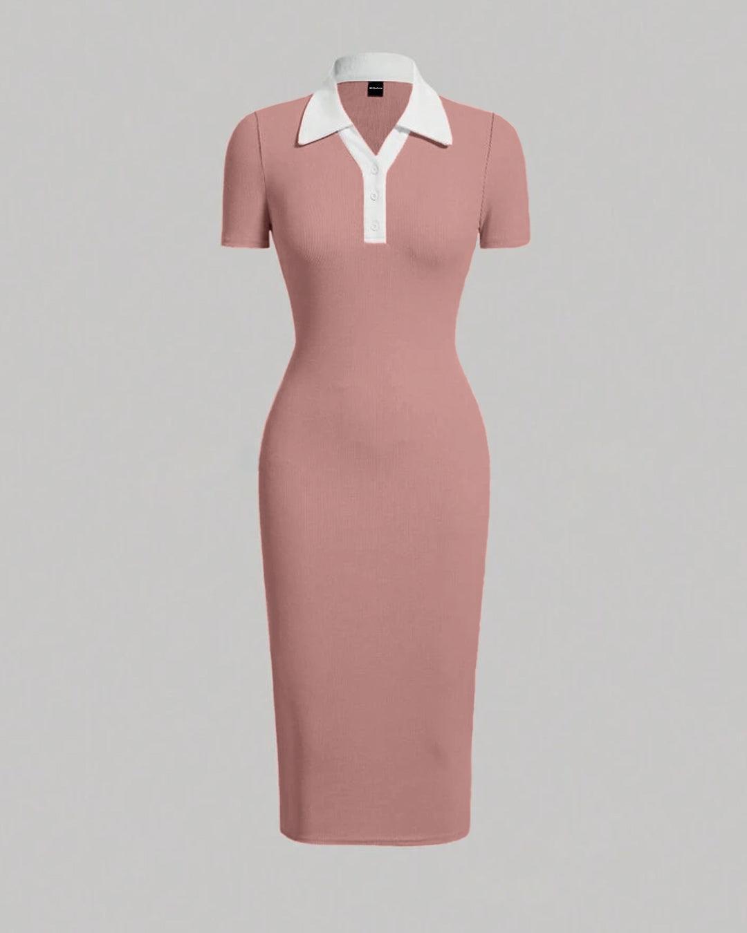 Contrast Collar Button Front Bodycon Dress In Pink