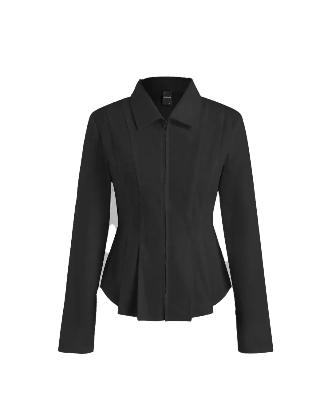 Collar Solid Pleated Zipper Long Sleeve Black Shirt