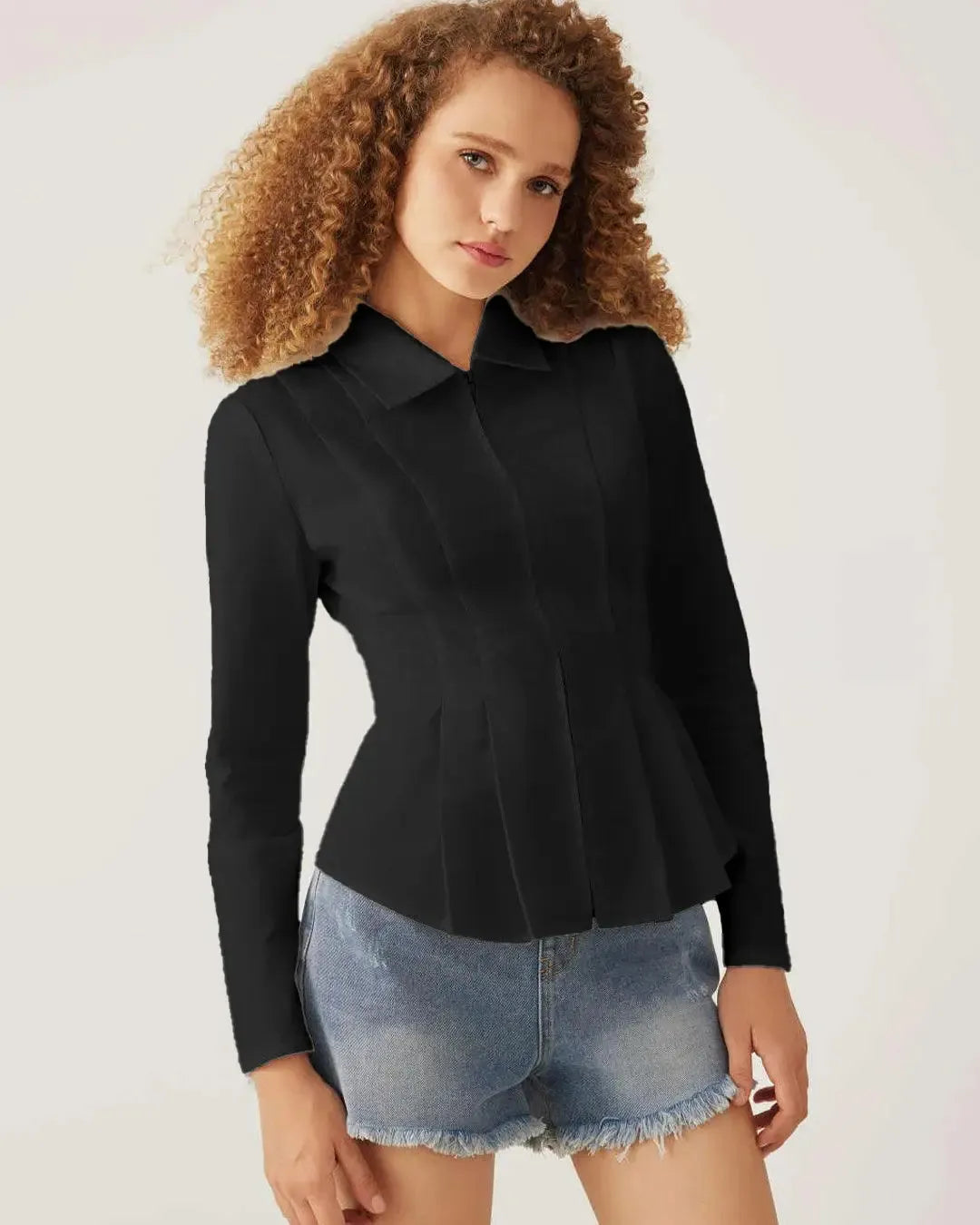 Collar Solid Pleated Zipper Long Sleeve Black Shirt