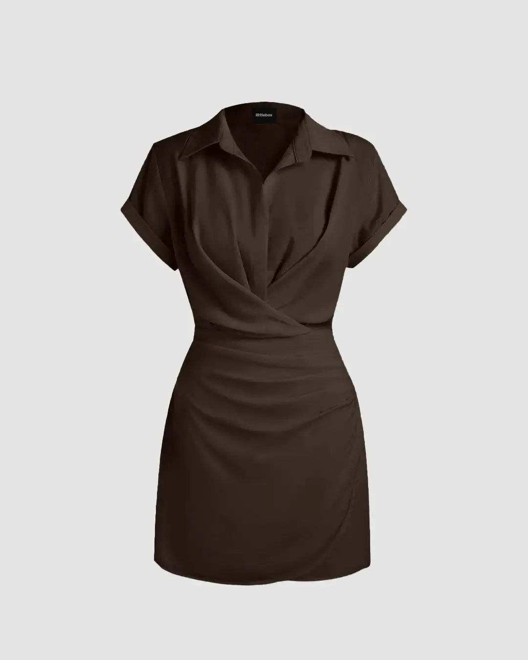 Brown Mini Dress with Collared Neck Wrap Detail in Dark Brown
