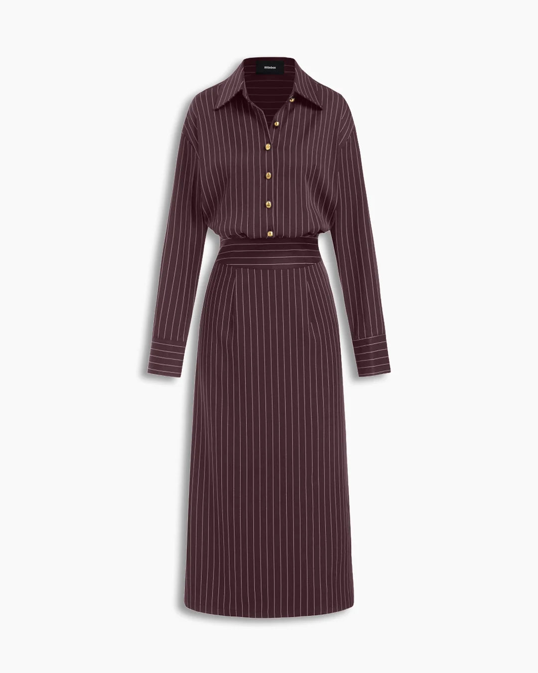 Collared Button-Down Pinstripe Long Sleeve Midi Dress