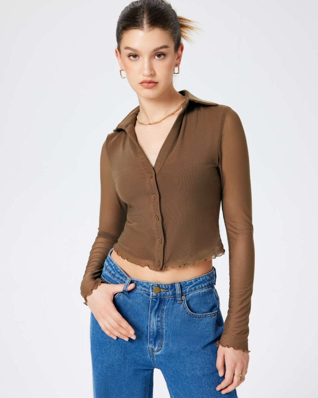 Collared Button Up Full Sleeve Brown Shirt