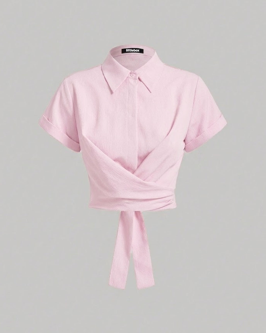 Collared Cross Hem Solid Short Sleeve Back Bow Shirt in Pink
