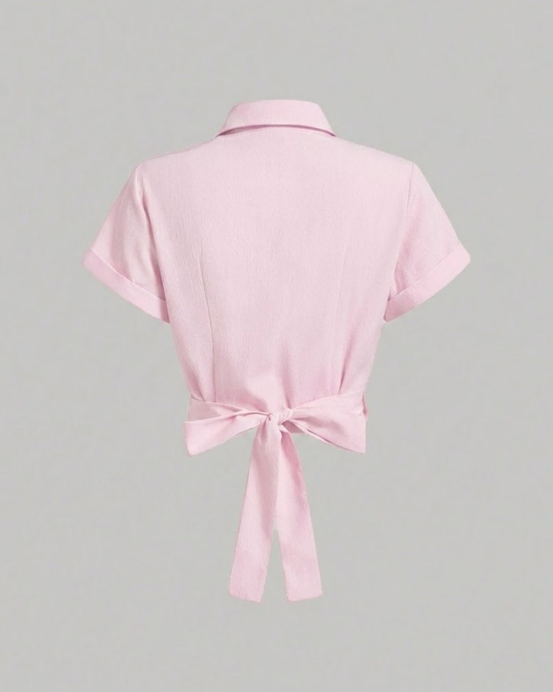 Collared Cross Hem Solid Short Sleeve Back Bow Shirt in Pink