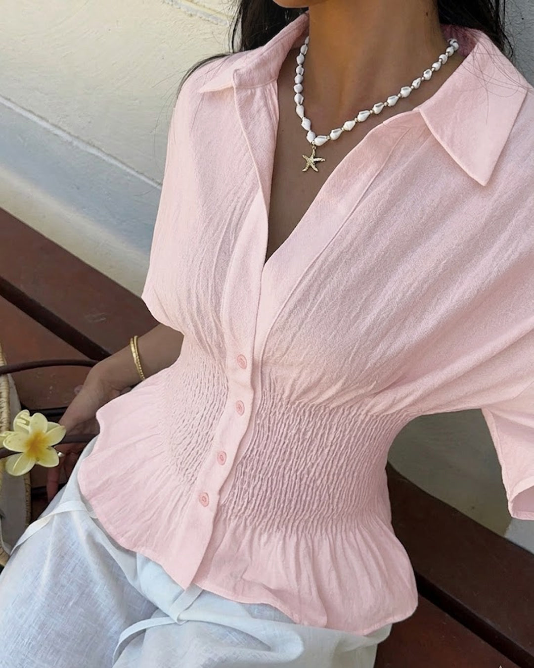 Collared Neck Smocked Waist Flared Hem Top in Baby Pink